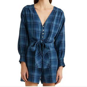 LAUREN RALPH LAUREN TEOFILA PLAID TISSUE LINEN ROMPER JUMPSUIT SIZE 2